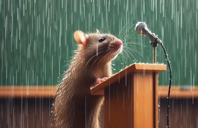 A wet rat announces departure from sinking ship