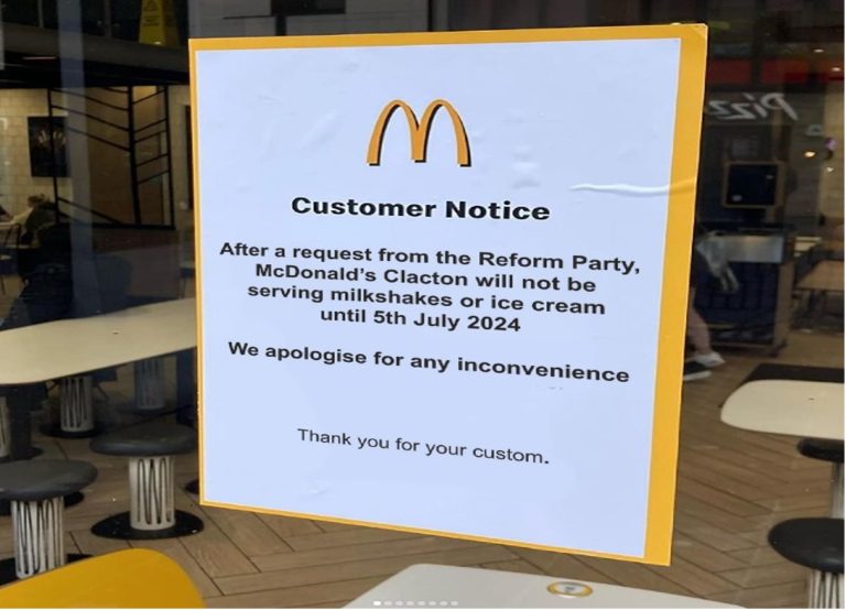 Clacton McDonald’s suspends milkshake sales until after election