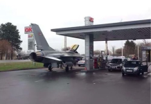 RAF Pilot Refuels Fighter Jet at Brandon Gas Station