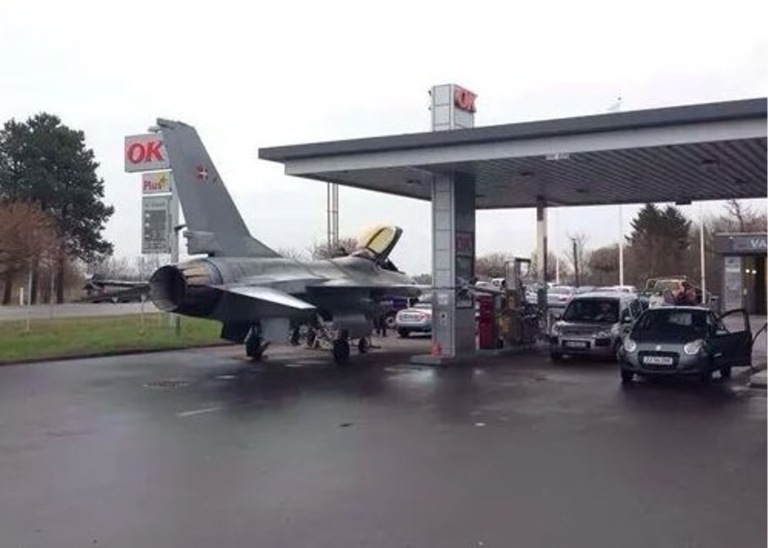 RAF Pilot Refuels Fighter Jet at Brandon Gas Station